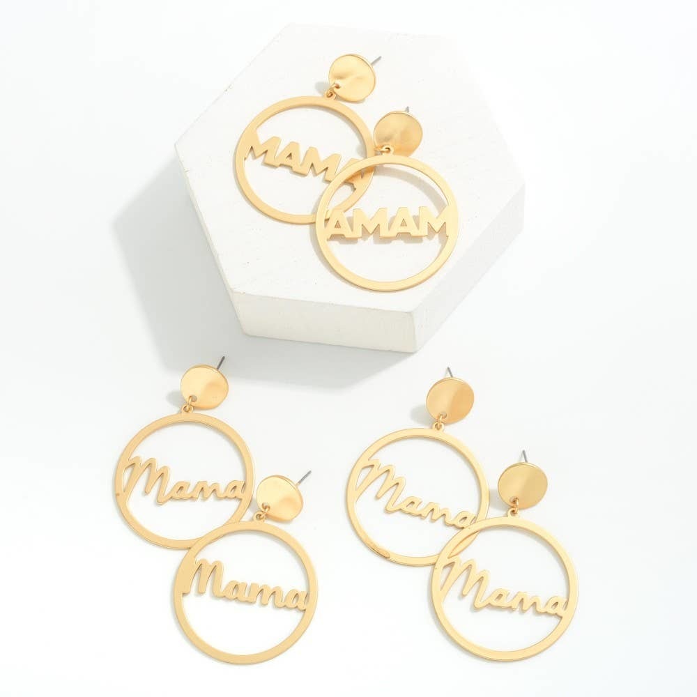 Cursive Mama Circle Dangle Drop Statement Earrings - Picture 3 of 3